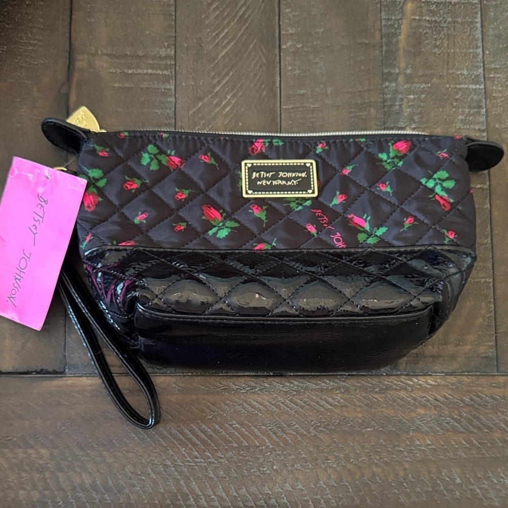 Betsey Johnson Black Quilted Floral Wristlet